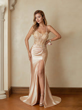 Corset-Satin-Abschlussballkleider in Meerjungfrauen-Schnitt mit gedrehter Spitzenapplikation, elegante Abendkleider #PR2501036