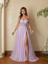 Vestidos longos de festa de tule brilhante com fenda, espartilho e modelo evasê para eventos noturnos #FEPR007