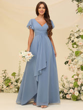 Vestido longo de chiffon para madrinhas, com babados, mangas e corte em linha A, para baile e festas