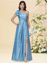 Metallic-One-Shoulder-Brautjungfernkleider mit Schleife und Raffungen, formelle Abschlussballkleider #BM2512052
