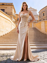 Champagne Satin Mermaid Prom Dress | Sheer Corset Bodice Gold Lace Appliques Side Slit Evening Gown
