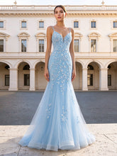 Sky Blue Spaghetti Strap Tulle Mermaid Prom Dress Floral Lace Appliques Crisscross Lace-Up Corset Back