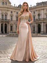 Satin Mermaid Prom Dresses Beaded Corset Top with Side Draped Sash Formal Evening Gowns