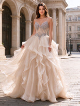 Sparkle Tulle Prom Dress Spaghetti Straps Beaded Corset Ruffled Tiered Formal Evening Gown with Lace-Up Back