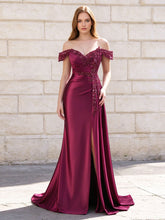 Robe de soirée formelle longue style sirène en satin à sequins et applications, épaules dénudées, avec traîne #PR2606030