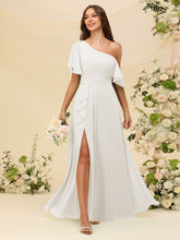 Vestido de noiva longo de chiffon, de um ombro só, com babados, para a noiva #FEWD011