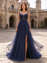 Navy Blue Spaghetti Strap A-Line Tulle Prom Dress 3D Floral Lace Appliques Sweetheart Neck High Side Slit