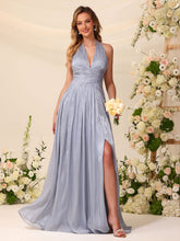 Classic Halter A-Line Floor-Length Shimmer Chiffon Bridesmaid Dresses #BM2605016