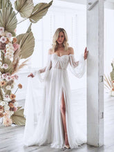 Vestidos de noiva de tule com mangas longas, decote coração e comprimento até o chão #FEWD003