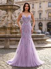 Light Purple Tulle Mermaid Evening Gown V-Neck 3D Flower Appliques Lace Up Back Formal Prom Dress