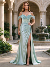 Schulterfreies Satin-Meerjungfrauen-Abendkleid für formelle Anlässe mit Perlenverzierung, Korsett und hohem Schlitz #PR2501012
