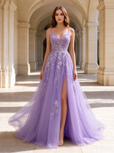 Vestidos de baile de formatura de tule brilhante com fenda, decote V, renda e miçangas, para eventos formais #FEPR016