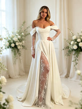 Vestido de noiva evasê tomara que caia, com mangas longas, cetim e renda #FEWD002