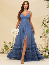 Vestidos longos formais de chiffon para madrinhas, com babados, decote V, espartilho e corte em linha A, para baile