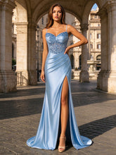 Robe de soirée formelle longue sirène en satin, corsage orné de perles et de sequins, fendue haut #PR2501018