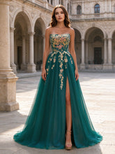Strapless Green Tulle Prom Gown with Floral Appliques, Lace Up Back & High Side Slit