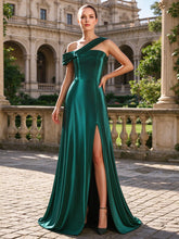 Satin-Abendkleid mit One-Shoulder, A-Linie und vorderem Schlitz, festliches Ballkleid