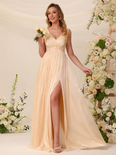 A-Line V-Neck Sleeveless Floor-Length Satin Bridesmaid Dresses with Slit #BM2605008