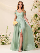 Shimmer Chiffon Bridesmaid Dress, Cold Shoulder Sweetheart Long Gown with Pleated Skirt, Lace-Up Back & Side Slit #BM2605003