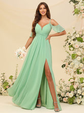 Vestidos longos de chiffon em linha A para madrinhas, com ombros vazados, para festas e eventos noturnos