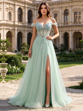 Vestido de festa longo evasê de tule com corpete, brilho e bordados #FEPR028