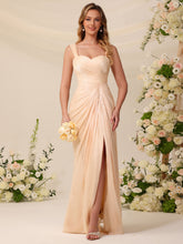 Shimmer Chiffon Bridesmaid Dress, Sweetheart Wide Strap Mermaid Gown with Draped Skirt, Side Slit & Lace-Up Back #BM2605006
