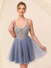 Robe de bal courte en tulle scintillant, corset à col en V et ornée de strass #HC2604043