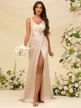 Vestido longo de cetim para madrinhas, com decote V, fenda, corte sereia, costas nuas, para baile e eventos noturnos