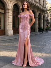 Schulterfreies Satin-Meerjungfrauen-Abschlusskleid mit Perlenverzierung, Spitzenapplikation und hohem Schlitz #PR2501027