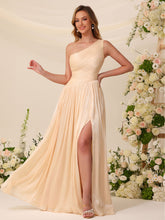 Shimmer Chiffon Bridesmaid Dress, One Shoulder Pleated A-Line Long Gown with High Side Slit & Lace-Up Back #BM2605007