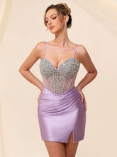 Satin-Abschlussballkleid mit Korsett, Raffungen, Kristallen und Cocktailkleid-Schnitt #HC2604045