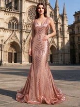 Roségoldenes Pailletten-Abendkleid im Meerjungfrauenschnitt mit tiefem V-Ausschnitt, ärmellos, geometrischem Muster und rückenfrei
