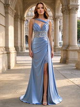 Asymmetrisches einseitig schulterfreies Satin-Meerjungfrauen-Abschlusskleid mit Spitzenapplikationen und hohem Schlitz #PRRJ0003