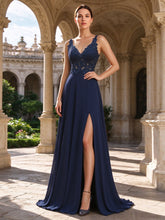 Langes Chiffon-Abendkleid für festliche Anlässe mit Spitzenapplikationen, A-Linie, Ballkleid mit Schlitz #FE037