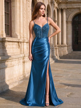 Satin-Abschlussballkleid in Meerjungfrauen-Silhouette mit Spaghettiträgern, Perlenverzierung und Korsett, elegantes Abendkleid #FEPR024