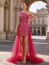 Sparkly Sequin Short Homecoming Dress with Flowy Fuchsia Tulle Skirt #DRH183