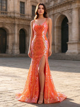 Orange Spaghetti Strap Iridescent Sequin Mermaid Prom Dress V-Neck with High Side Slit #RA096