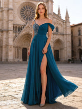 Elegante Abendkleider aus Chiffon mit asymmetrischer Raffung und Pailletten, lange Abschlussballkleider in A-Linie #BM2501033