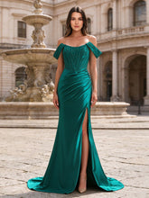 Schulterfreies langes Satin-Abschlussballkleid in Meerjungfrauenform mit Korsett und Spitzenapplikation für formelle Abendveranstaltungen #FEPR012