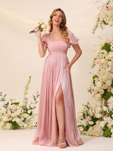 Shimmer Chiffon Bridesmaid Dress, Square Neck Flutter Sleeve Long Gown with Twist Front & Side Slit #BM2605005
