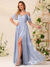 Shimmer Chiffon Bridesmaid Dresses Long Cold Shoulder A-Line Formal Prom Gowns #BM2605001