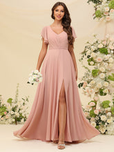 Vestidos longos de chiffon para madrinhas, decote V, mangas, corte evasê, franzidos, vestidos de noite formais
