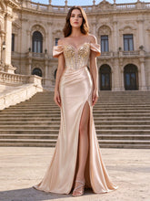 Meerjungfrauen-Abendkleid aus Satin mit langen Perlen, Raffungen und Meerjungfrauenschnitt für Damen #PR2510014