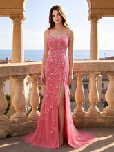 Spaghetti Strap Tulle Mermaid Prom Dress Floral Lace Appliques Crisscross Lace-Up Back High Side Slit