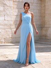 Vestido de chiffon para madrinha, de um ombro só, com nó torcido, corte evasê, vestido formal para a noite com fenda lateral