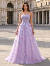Vestido de festa de tule com alças finas, decote quadrado, aplicações florais 3D e saia evasê, vestido para a noite com costas em laço
