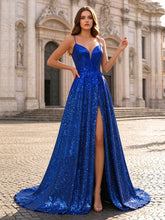 Vestidos longos de festa com paetês, decote em V, costas abertas e fenda, para eventos formais #FEPR008