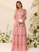Shimmer Chiffon Bridesmaid Dress, Sweetheart Gown with Tie Shoulder Straps, Tiered Ruffle Skirt & Lace-Up Back #BM2605004