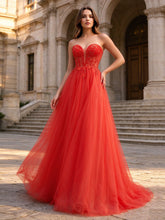 Vestido brilhante de tule para baile, com ombros vazados, aplicação de renda, espartilho e corte formal, para eventos noturnos #FEPR011