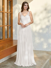 Elegante vestido de noiva longo de chiffon, com decote V e bordados, para a noiva #FEWD012